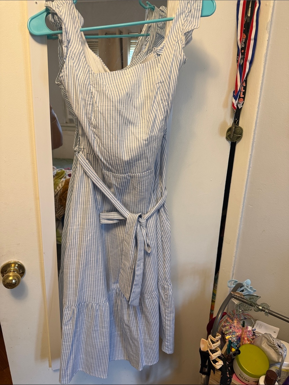 Blue and White Striped Tie-Waist Midi Dress